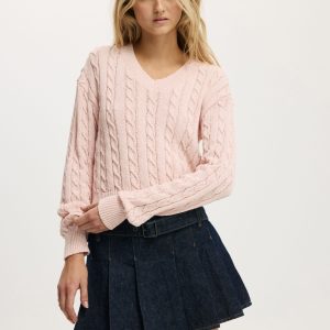 V-Neck Cotton Cropped Cable Pullover