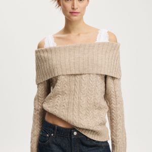 Fluffy Cable Off Shoulder Knit