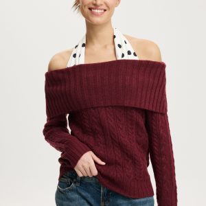 Fluffy Cable Off Shoulder Knit
