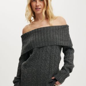 Fluffy Cable Off Shoulder Knit