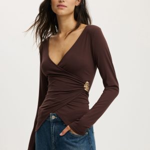Trim Detail Long Sleeve Wrap Top