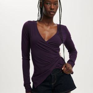 Trim Detail Long Sleeve Wrap Top